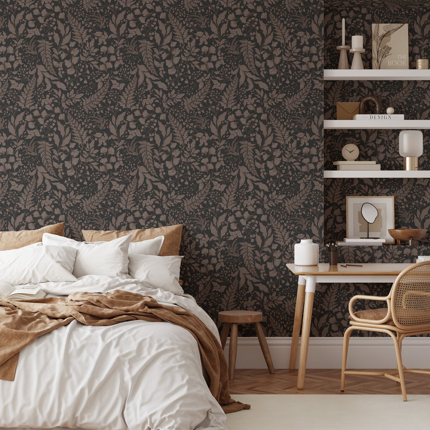 Bedroom with patterned wallpaper, bed, desk, and chair.