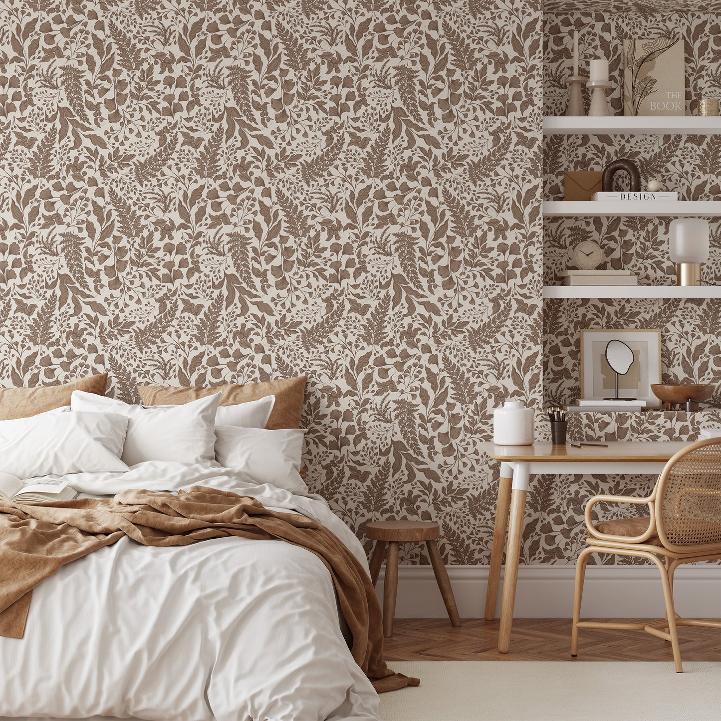 Bedroom with patterned wallpaper, bed, desk, and chair.