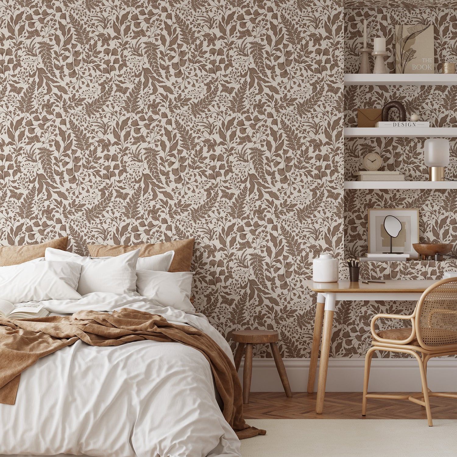 Bedroom with patterned wallpaper, bed, desk, and chair.