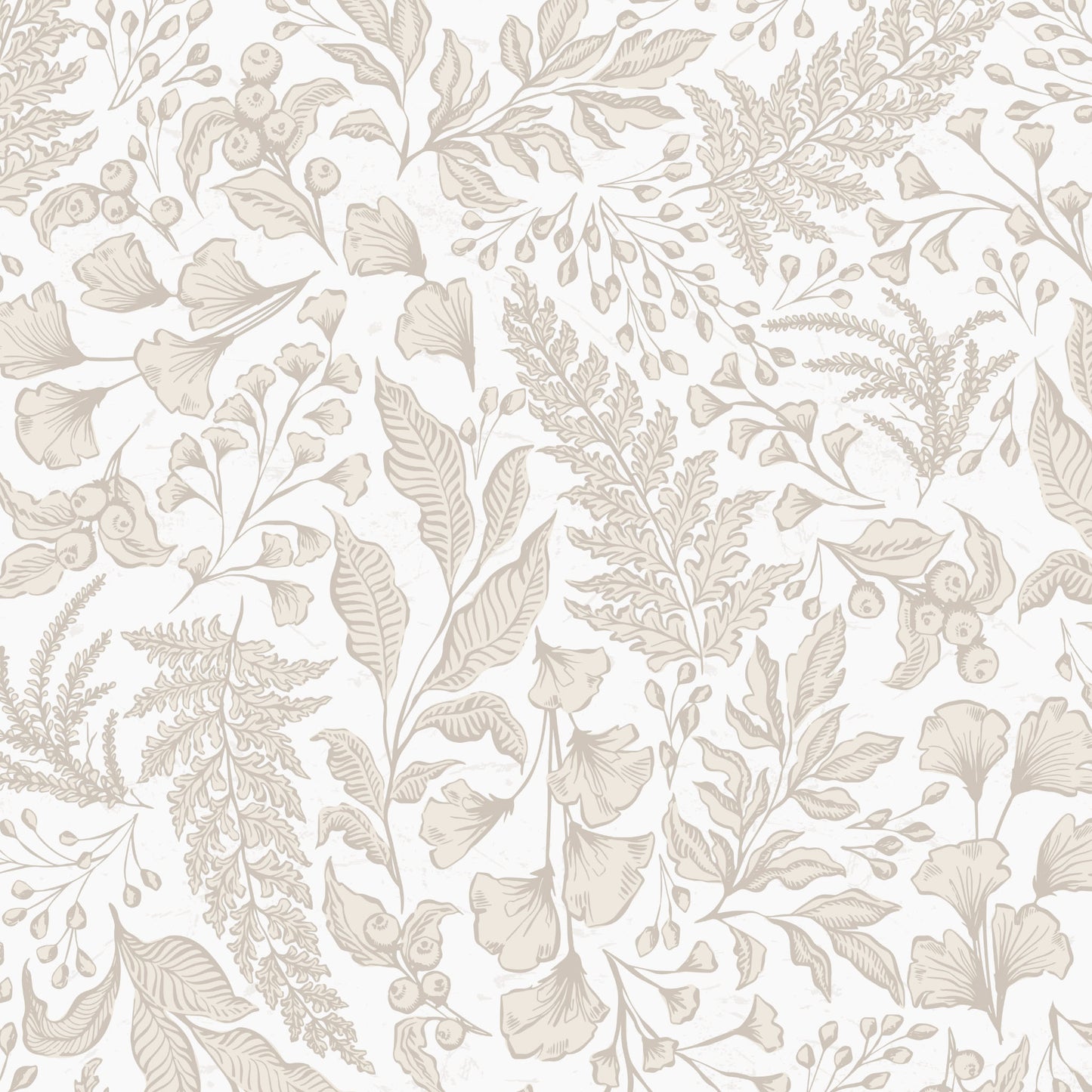 Patterned wallpaper with beige leaves and flowers on a light background
