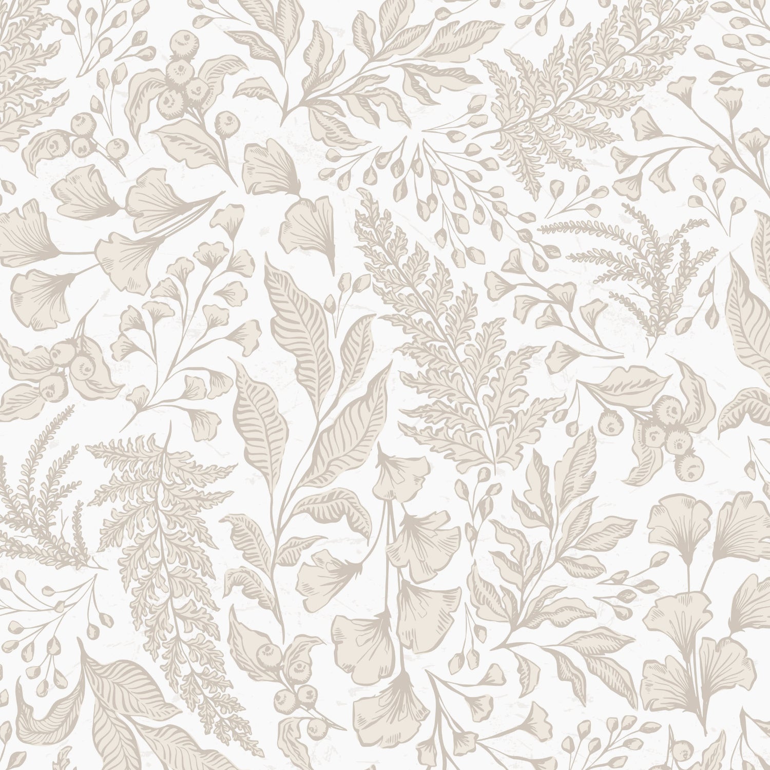 Patterned wallpaper with beige leaves and flowers on a light background