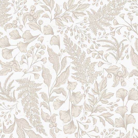 Patterned wallpaper with beige leaves and flowers on a light background