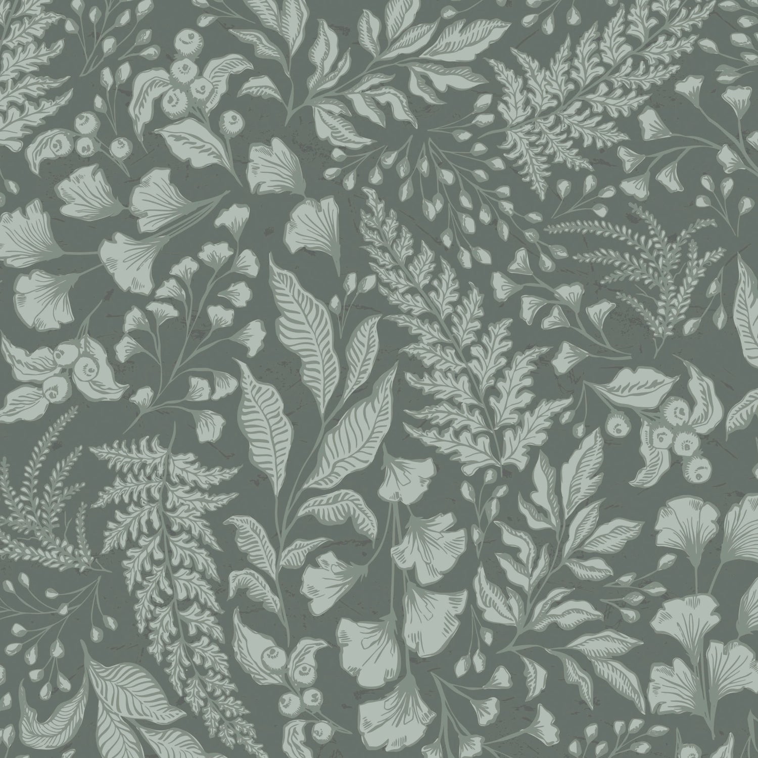 Floral pattern with leaves and flowers on a dark sage background