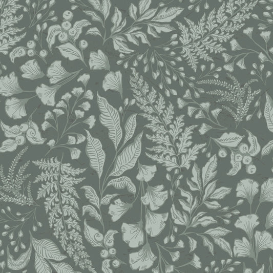 Floral pattern with leaves and flowers on a dark sage background