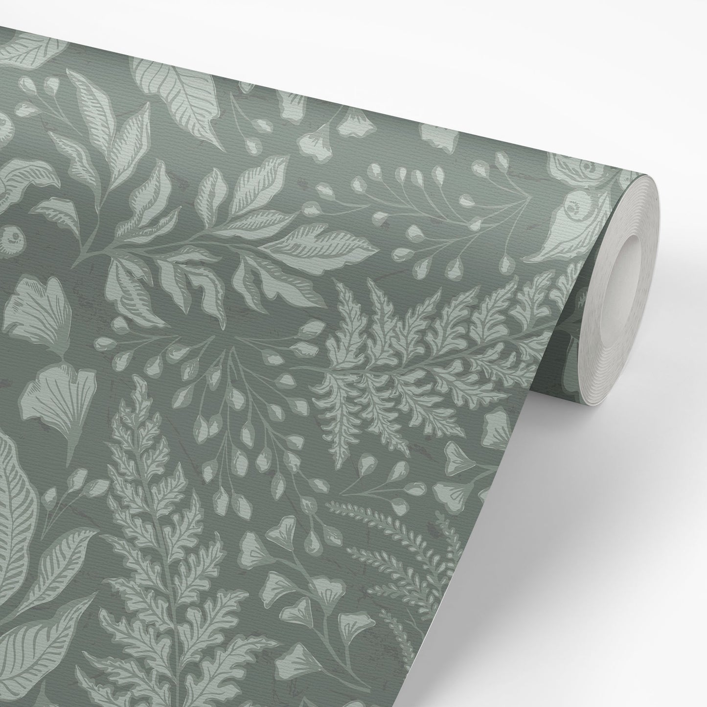 Roll of wallpaper with a leaf pattern on a dark sage background