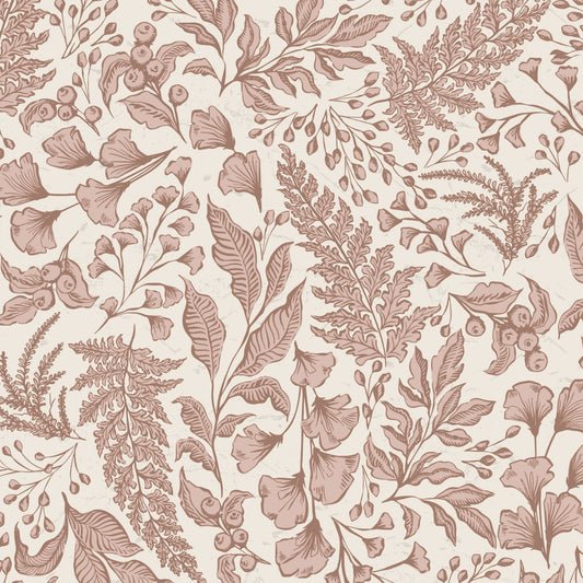 Patterned wallpaper with pink floral and leaf design