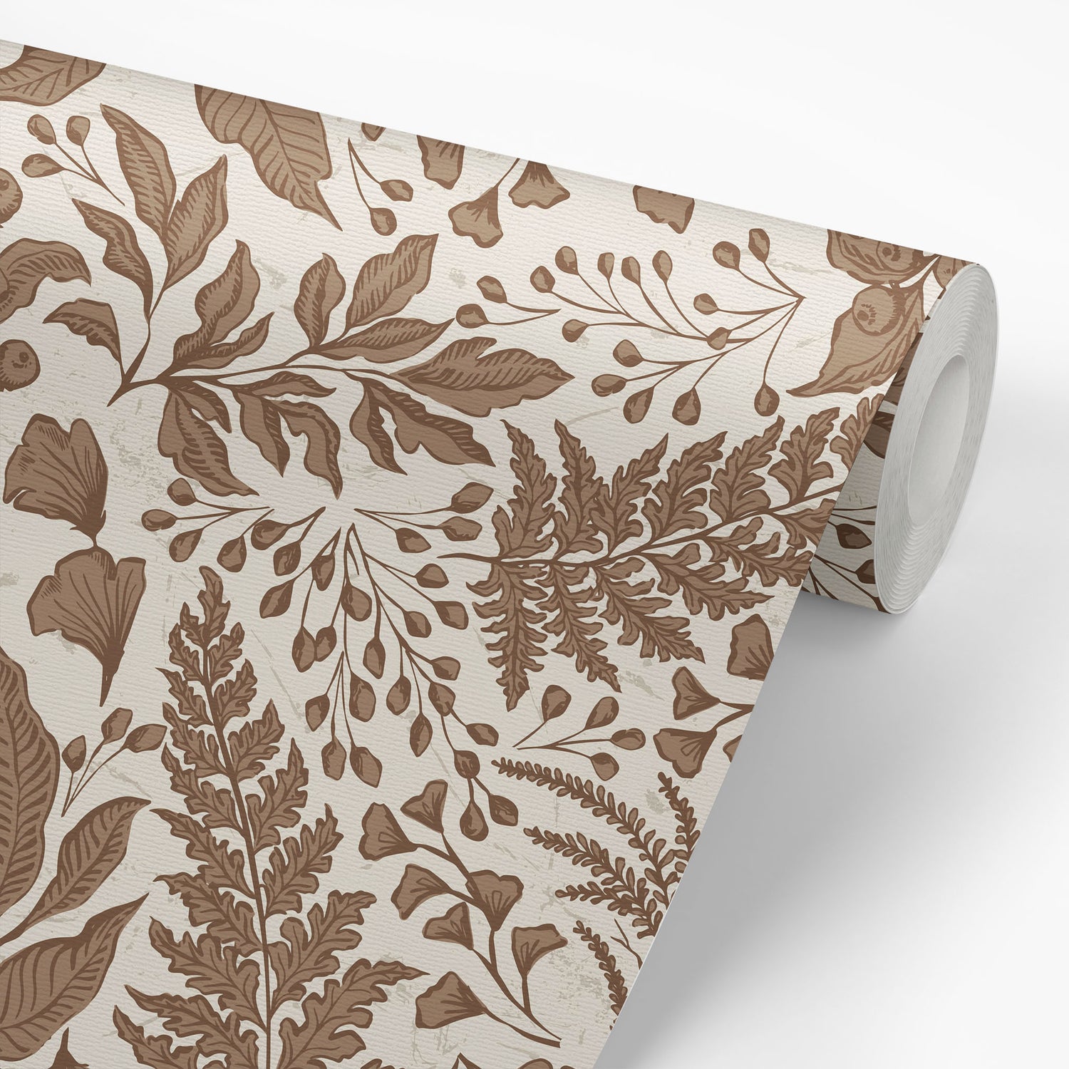 Roll of wallpaper with brown leaf pattern on a white background