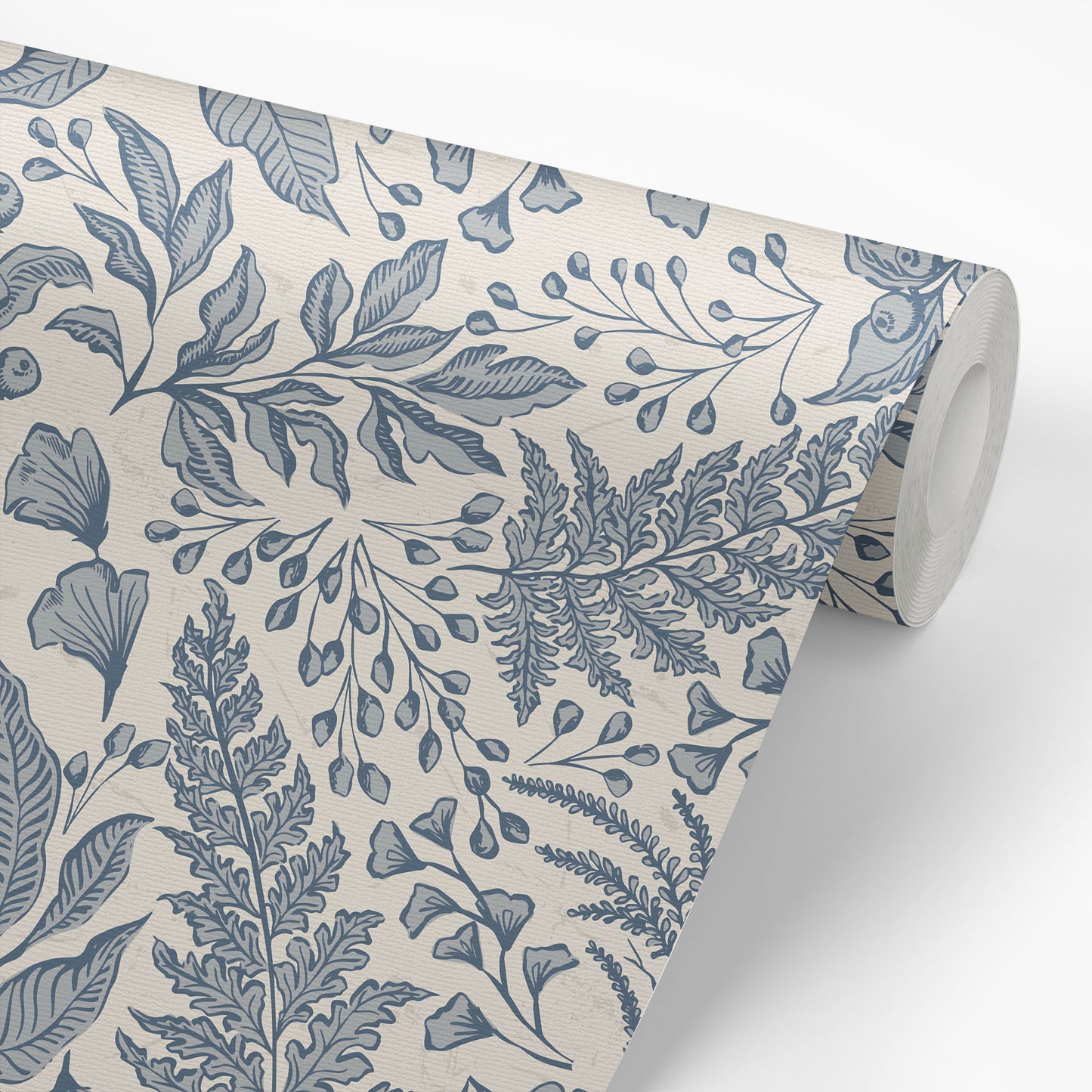 Roll of wallpaper with blue leaf pattern