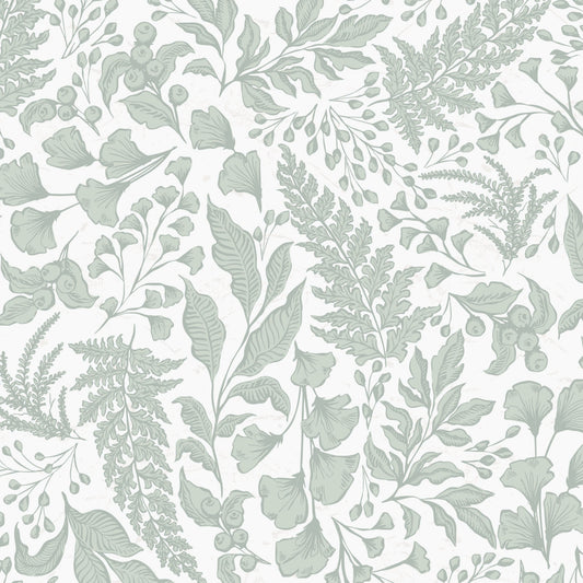 Pattern of green leaves and branches on a white background