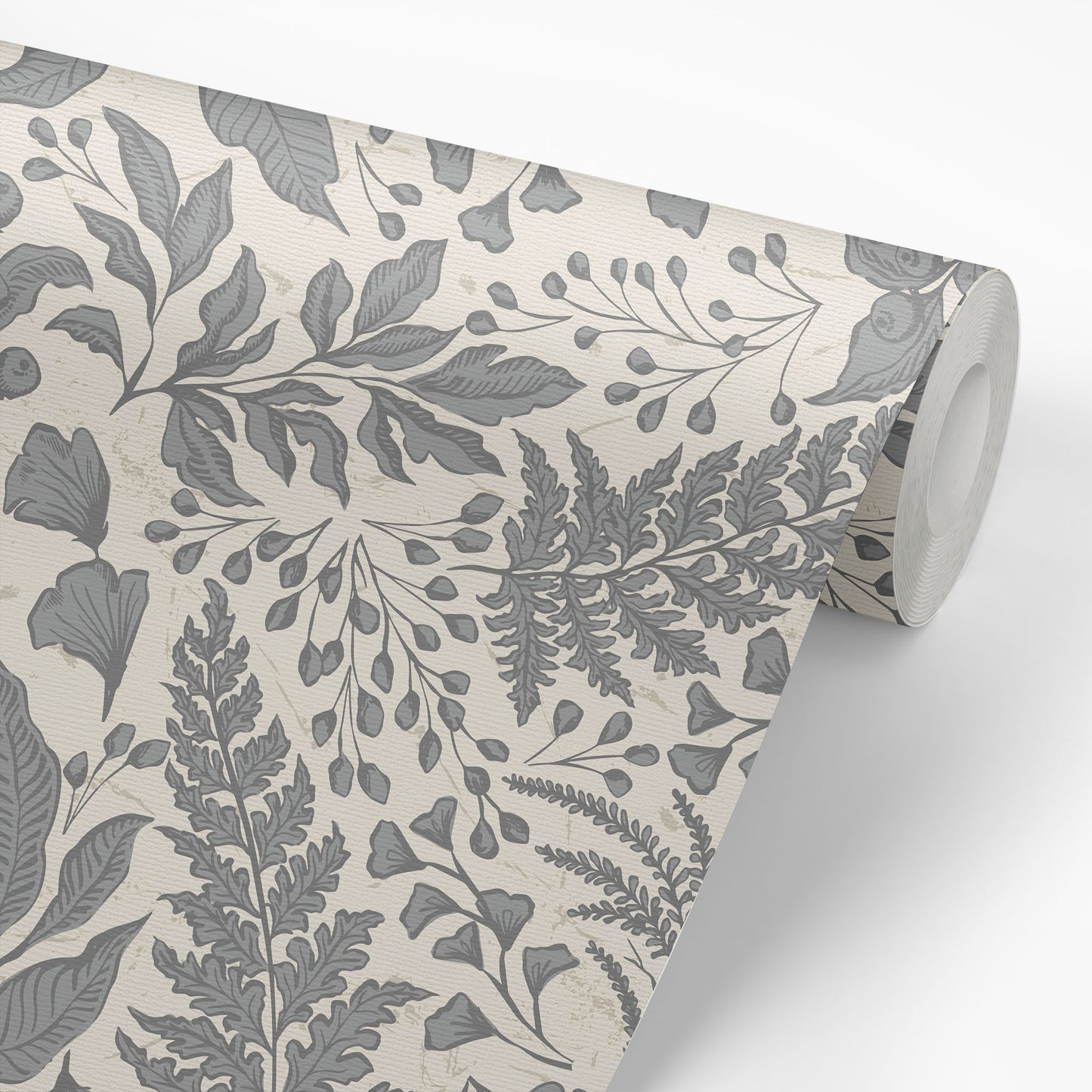 Roll of floral wallpaper with gray leaves