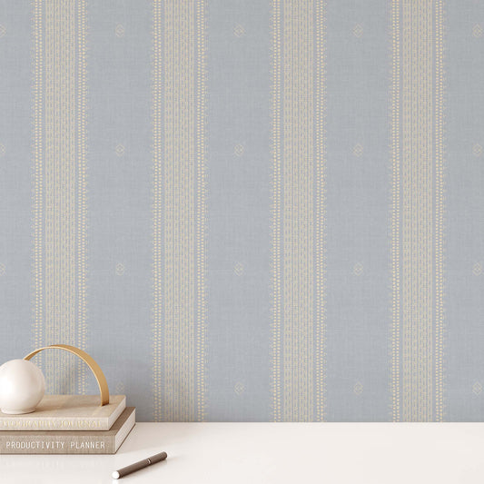 French Linen Stripes Wallpaper- Beige on Blue
