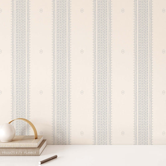 French Linen Stripes Wallpaper - Blue on Cream