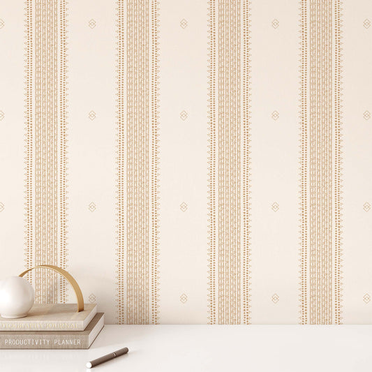 French Linen Stripes Wallpaper - Caramel on Cream