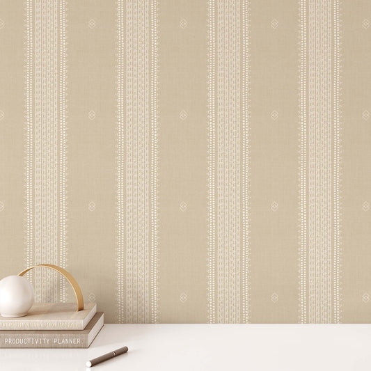 French Linen Stripes Wallpaper - Cream on Beige