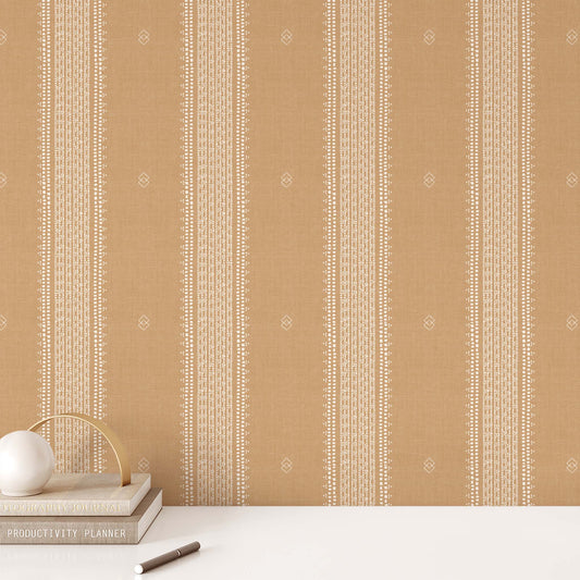 French Linen Stripes Wallpaper - Cream on Caramel