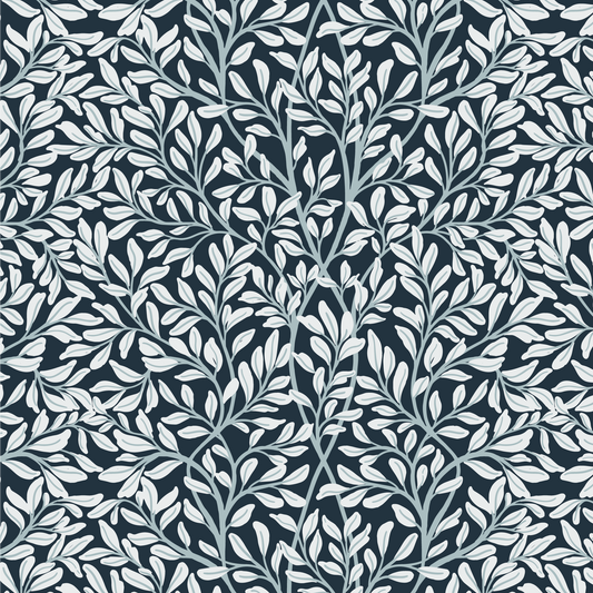 Introducing Nostalgia Nouveau Wallpaper, a luxurious addition to any space. Deep blue leaves are artfully scattered across the wallpaper, bringing a sense of nostalgia and sophistication.