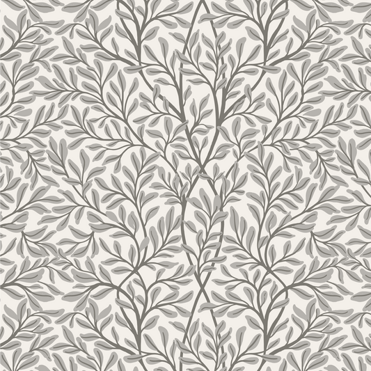 Introducing Nostalgia Nouveau Wallpaper, a luxurious addition to any space. Gray leaves are artfully scattered across the wallpaper, bringing a sense of nostalgia and sophistication.