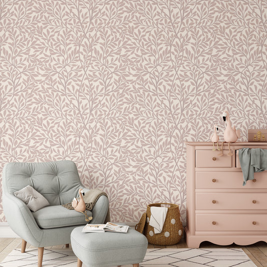 Introducing Nostalgia Nouveau Wallpaper, a luxurious addition to any space. Pink leaves are artfully scattered across the wallpaper, bringing a sense of nostalgia and sophistication.