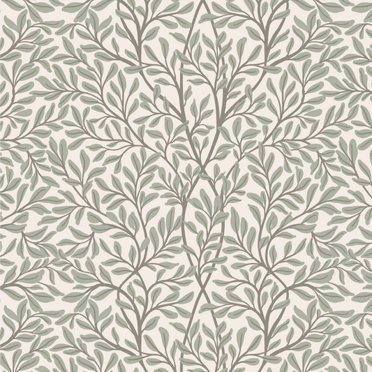 Introducing Nostalgia Nouveau Wallpaper, a luxurious addition to any space. Sage leaves are artfully scattered across the wallpaper, bringing a sense of nostalgia and sophistication.