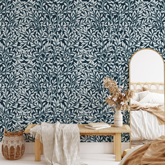 Introducing Nostalgia Nouveau Wallpaper, a luxurious addition to any space. Deep blue leaves are artfully scattered across the wallpaper, bringing a sense of nostalgia and sophistication.