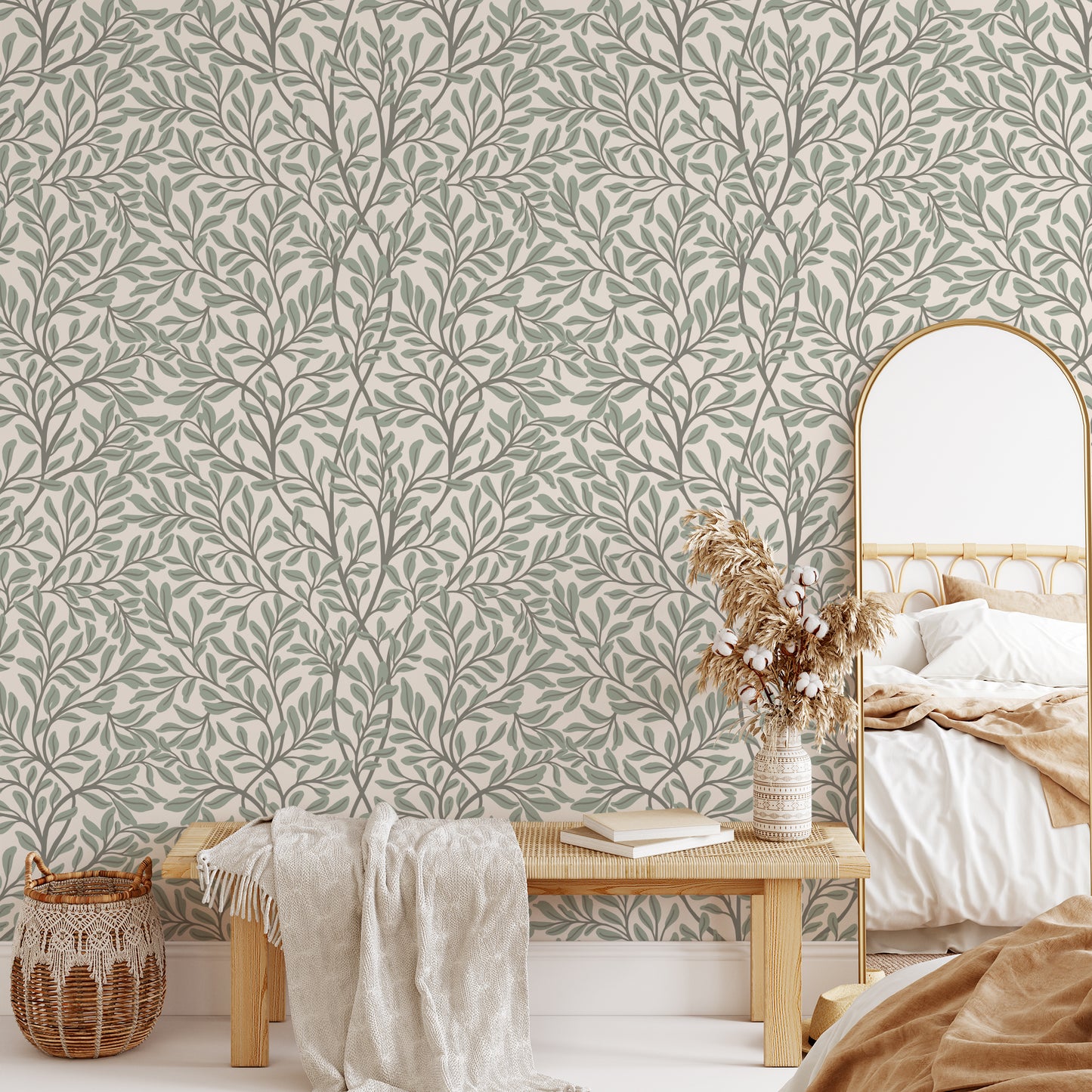 Introducing Nostalgia Nouveau Wallpaper, a luxurious addition to any space. Sage leaves are artfully scattered across the wallpaper, bringing a sense of nostalgia and sophistication.