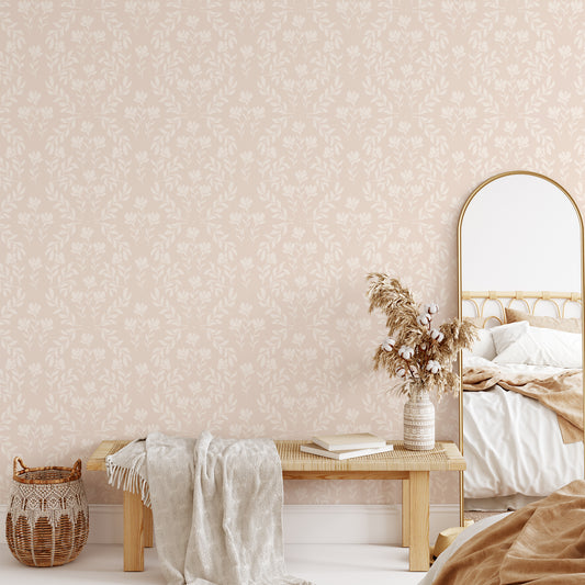 Indulge in the delicate beauty of our Renaissance Revival Wallpaper. Its soft blush tones and intricate floral design exude elegance and sophistication, adding a touch of luxury to any room.