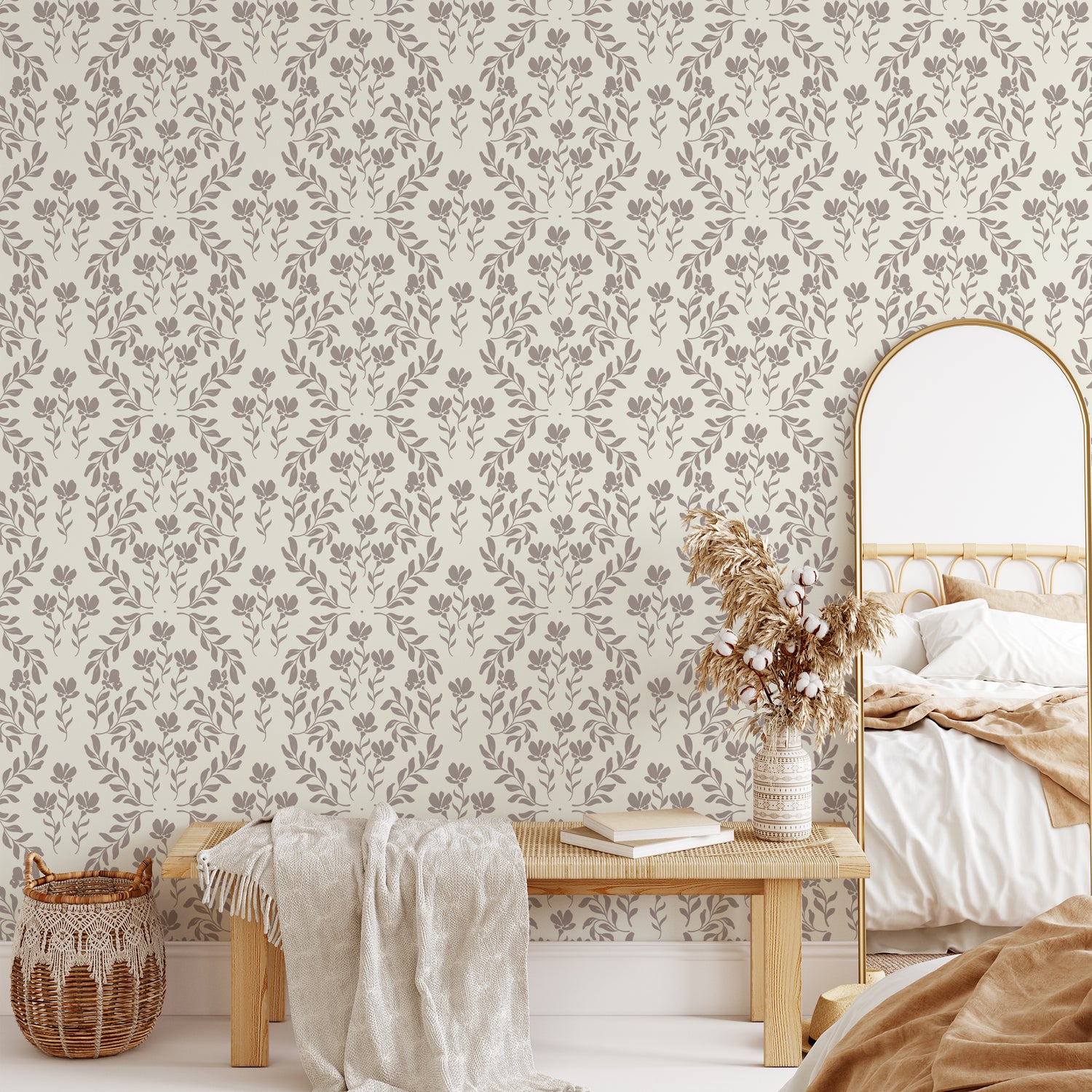 Indulge in the delicate beauty of our Renaissance Revival Wallpaper. Its soft caramel tones and intricate floral design exude elegance and sophistication, adding a touch of luxury to any room.