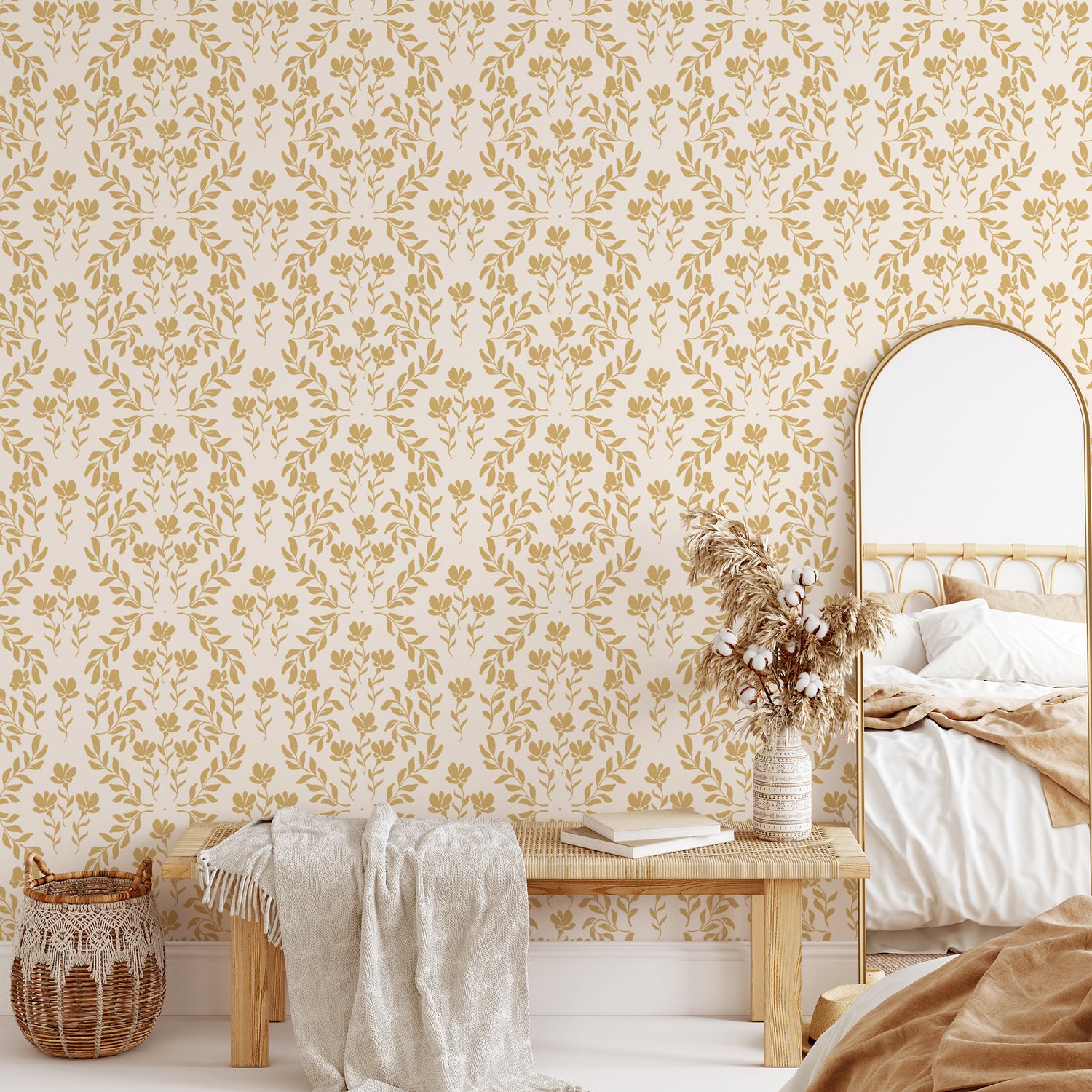 Indulge in the delicate beauty of our Renaissance Revival Wallpaper. Its soft ochre tones and intricate floral design exude elegance and sophistication, adding a touch of luxury to any room.