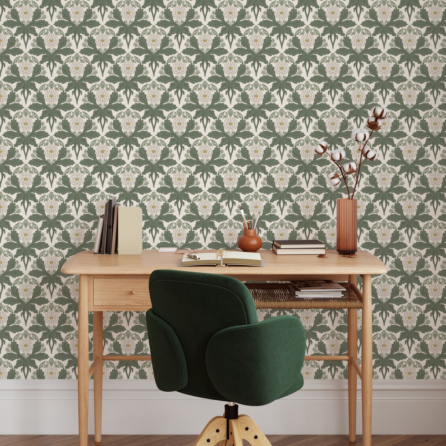 Introduce a touch of sophistication to your space with Verdant Victoriana - Fern wallpaper. This luxurious Victorian-style design features intricate florals and leaves, bringing an elegant and timeless charm to your walls.