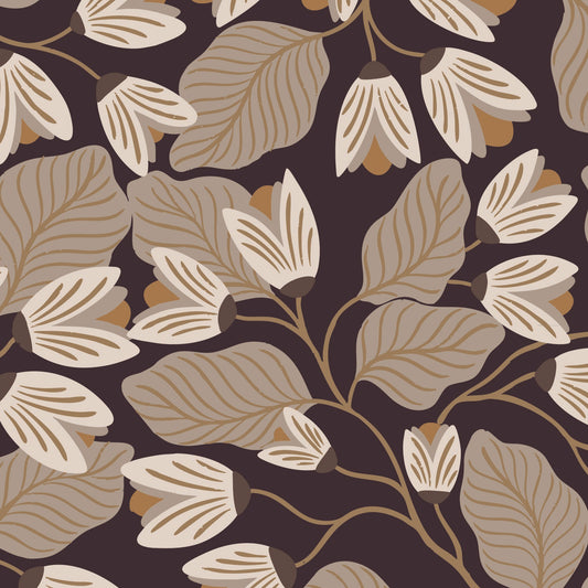 Evening Bloom Wallpaper in Brown shown close up.