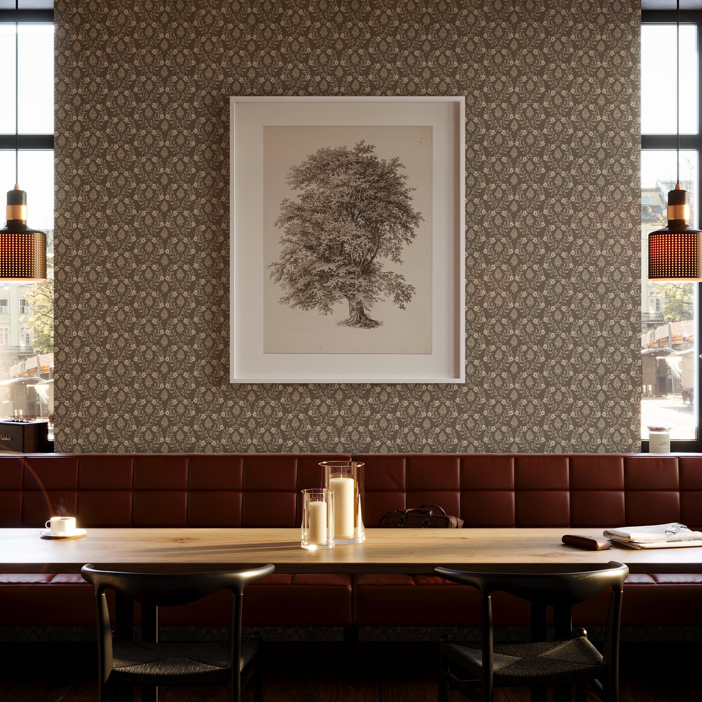 Hildegard Wallpaper in Brown shown in a dining room.