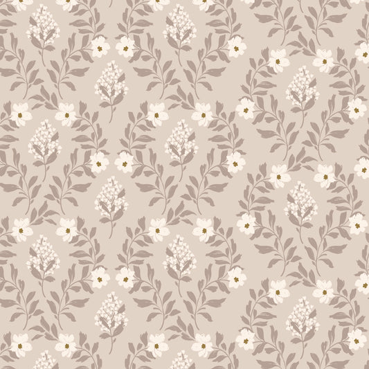 Hildegard Floral Wallpaper in Tan shown up close.