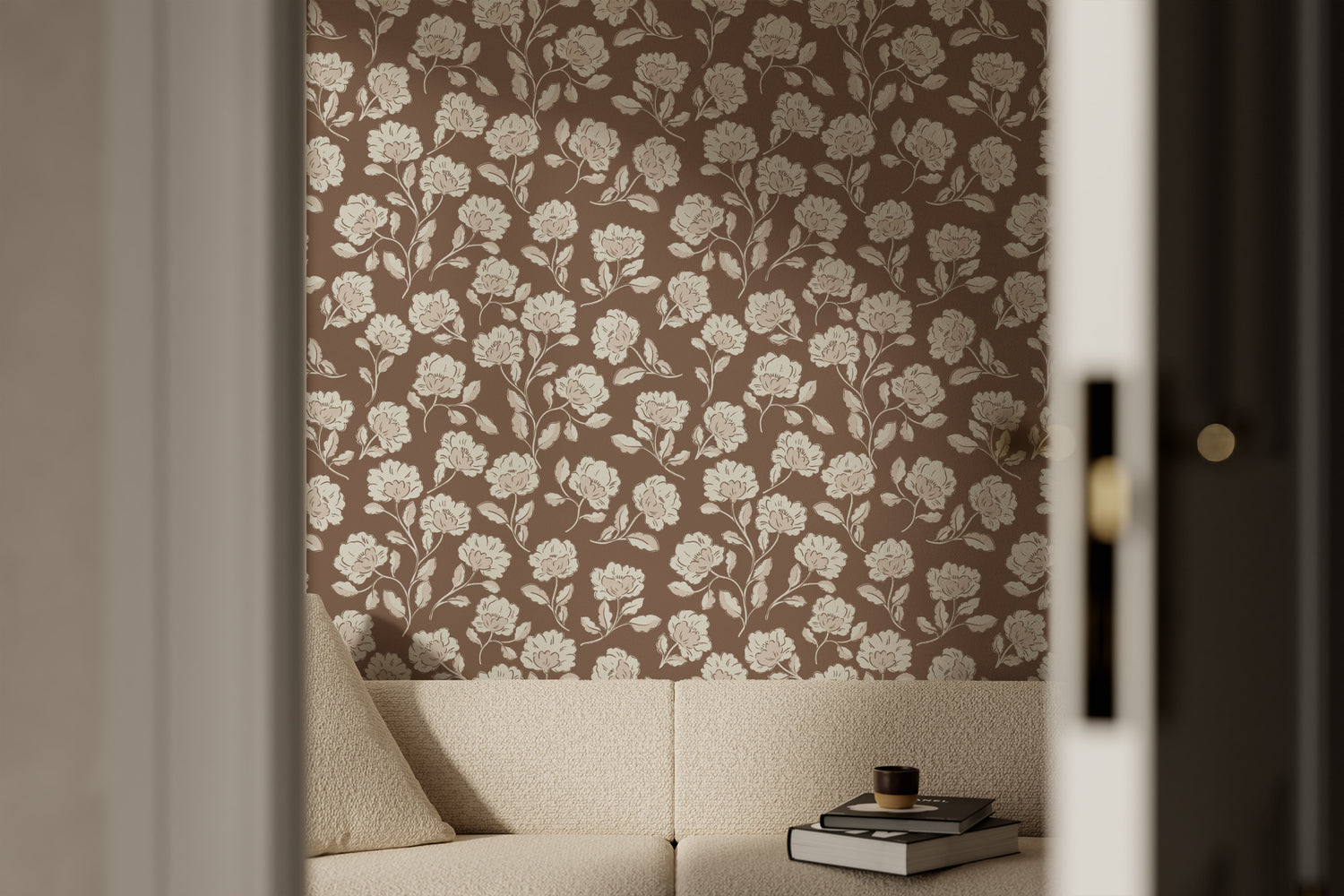 Heirloom Blooms Wallpaper in Brown shown in a living room.