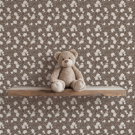Peony Parade Wallpaper in Ash shown on a wall.