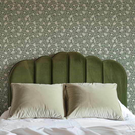 Peony Parade in Green shown in a bedroom.