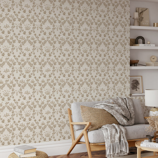 Praire Grass Wallpaper in Tan shown in a living room.