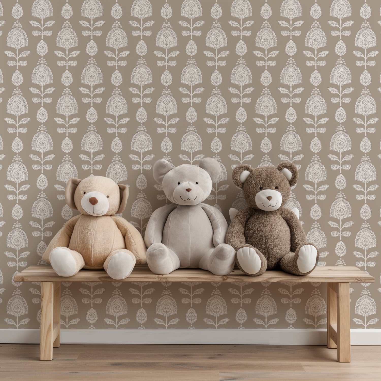 Antique Stamped Blossoms Wallpaper in Brown shown in a playroom.