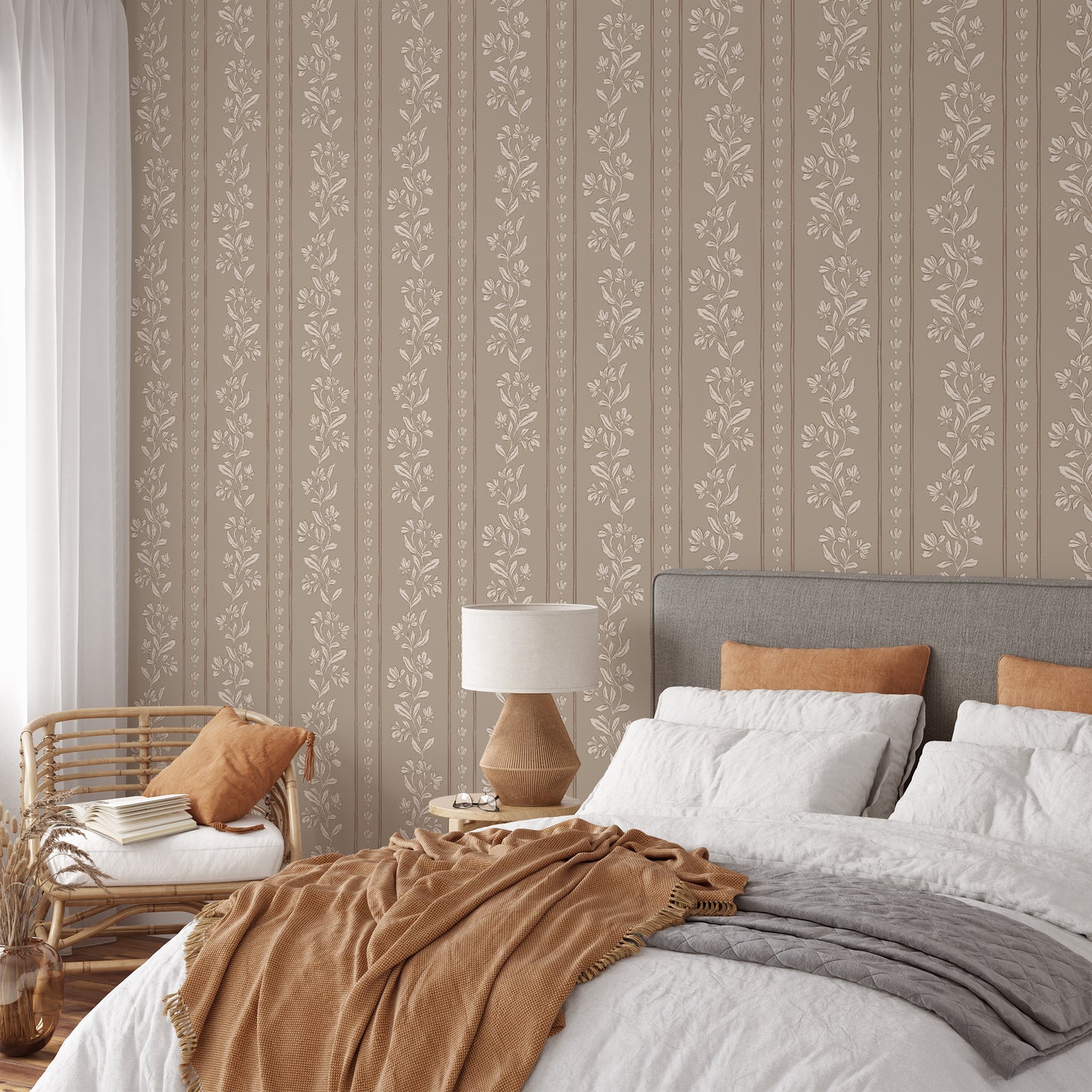 Striped Tulips Symphony Wallpaper in Desert Sand shown in a bedroom.