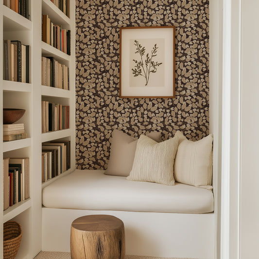 Evening Bloom Wallpaper in Brown shown in a library.