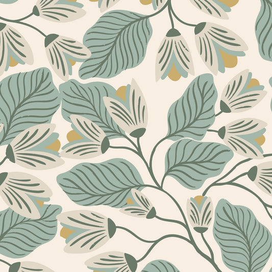 Evening Bloom Wallpaper in Sage shown close up.