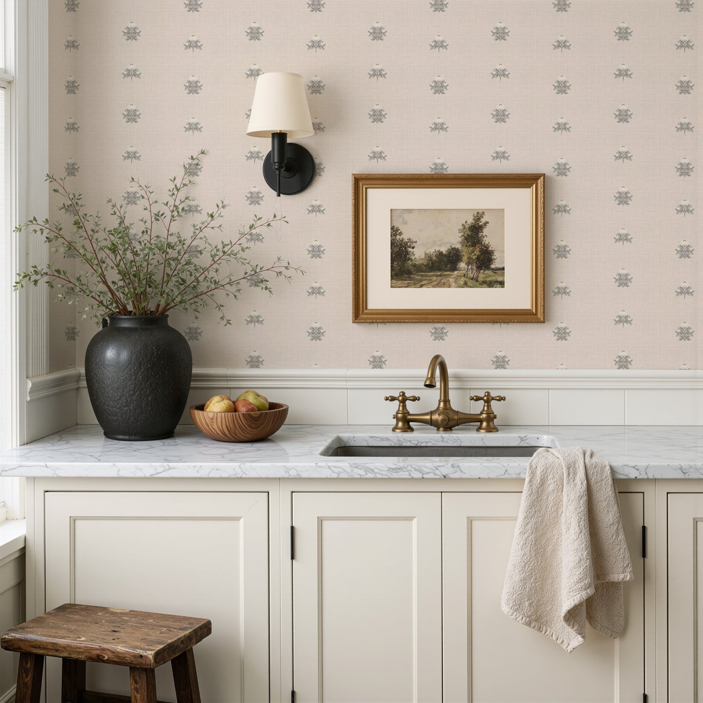 Floral Linework Toile Small Wallpaper in Neutral shown in a washroom.