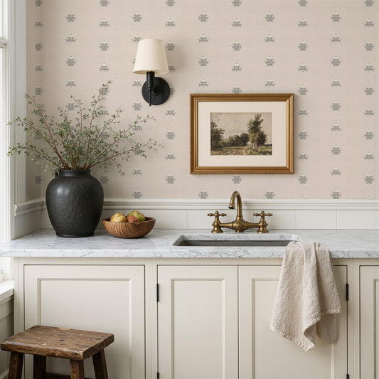 Floral Linework Toile Small Wallpaper in Neutral shown in a washroom.