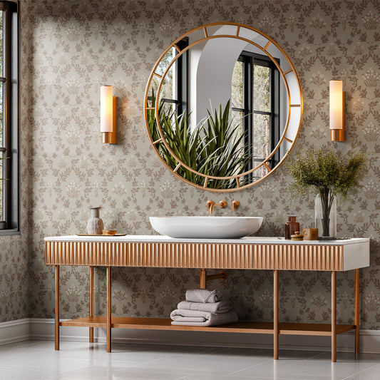 Prairie Grass Wallpaper in Brown shown in a powder bathroom.