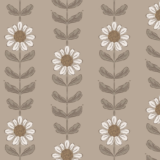Daisy Meadow Wallpaper in Mocha shown close up.