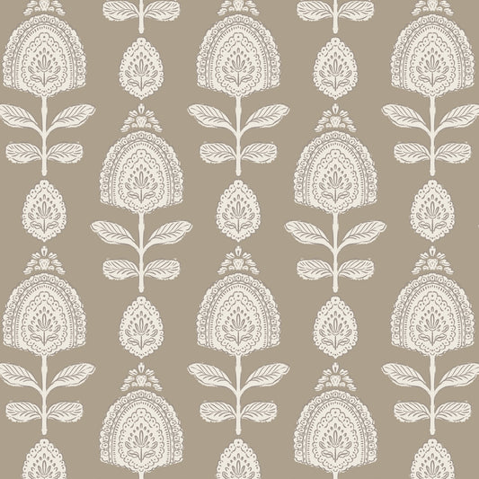 Antique Stamped Blossoms Wallpaper in Brown shown up close.