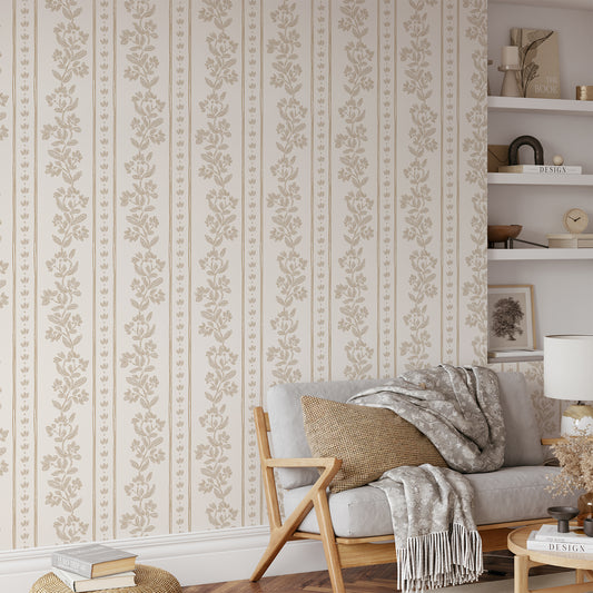 Striped Tulips Symphony Wallpaper in Tan shown in a living room.