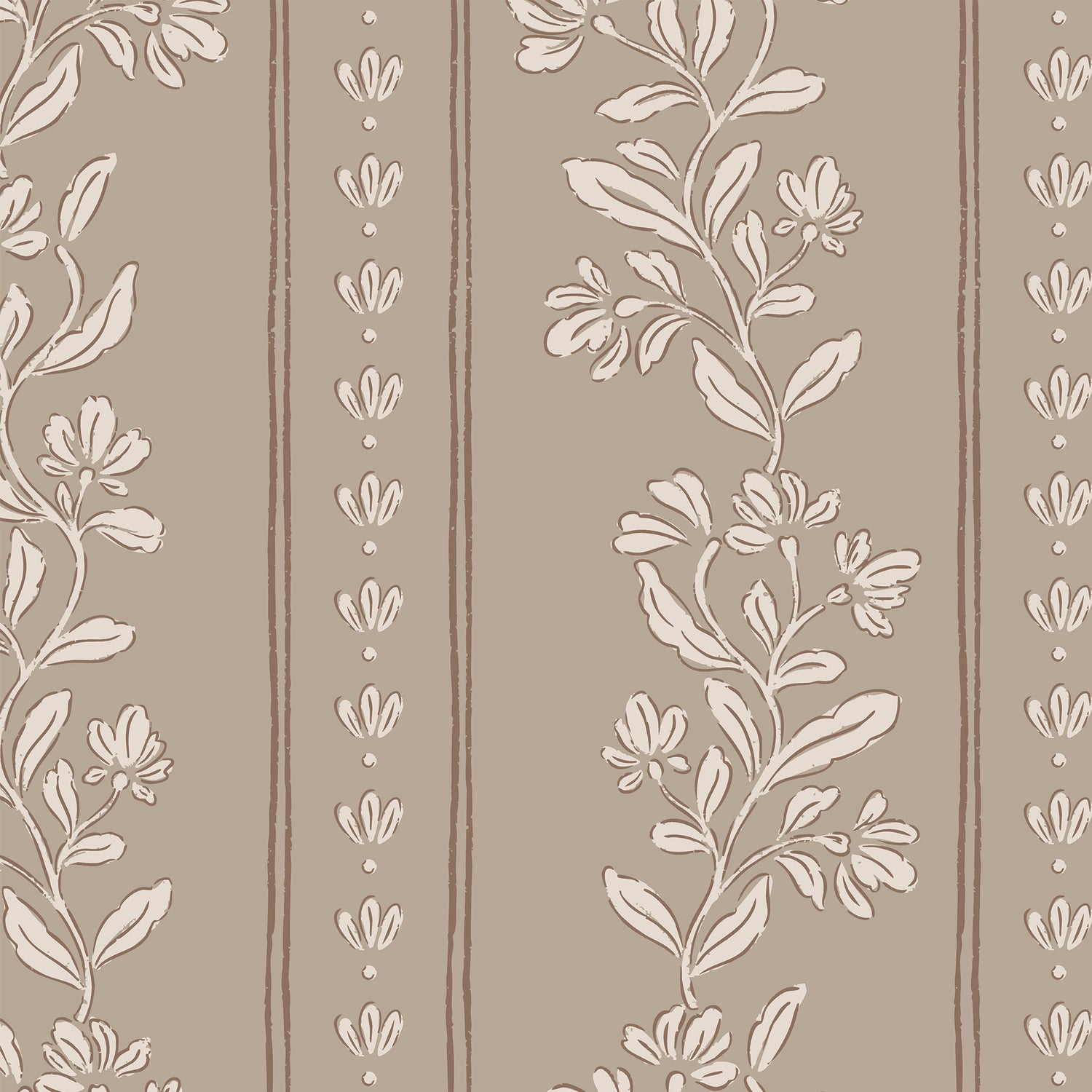 Closeup of our Striped tulips symphony wallpaper in desert sand. Florals and stripes on a light brown background.