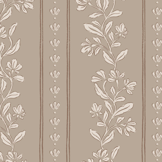 Closeup of our Striped tulips symphony wallpaper in desert sand. Florals and stripes on a light brown background.