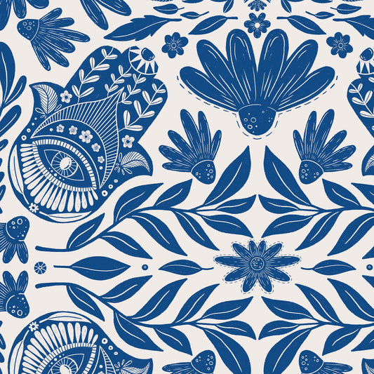 Elevate your space with our Good Luck Charm Wallpaper in Deep Blue. Featuring bold geometric shapes, this premium wallpaper adds a touch of sophistication shown in a zoomed in image.
