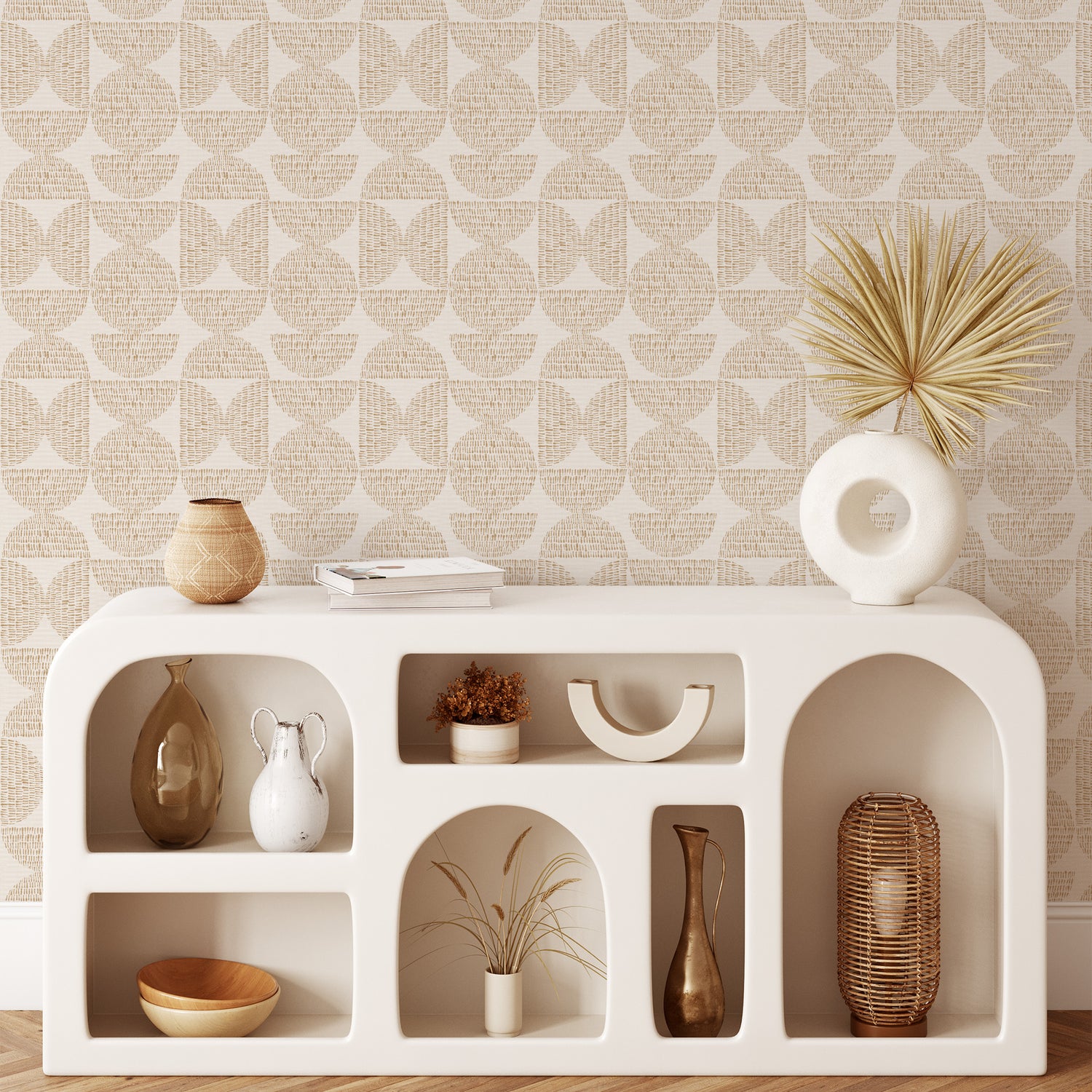 Go crazy with circles! Get yourself these stylish Half Circle Blocks Wallpapers for a unique wall decor solution. With its beige-on-cream design, these geometric wallpapers will easily liven up any room, making it look modern and chic. Circle up and add a bit of life to your walls!